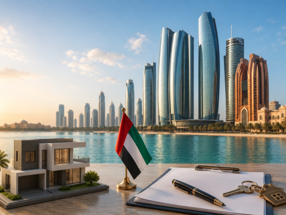 how to buy property in abu dhabi as a foreigner with flag and skyline